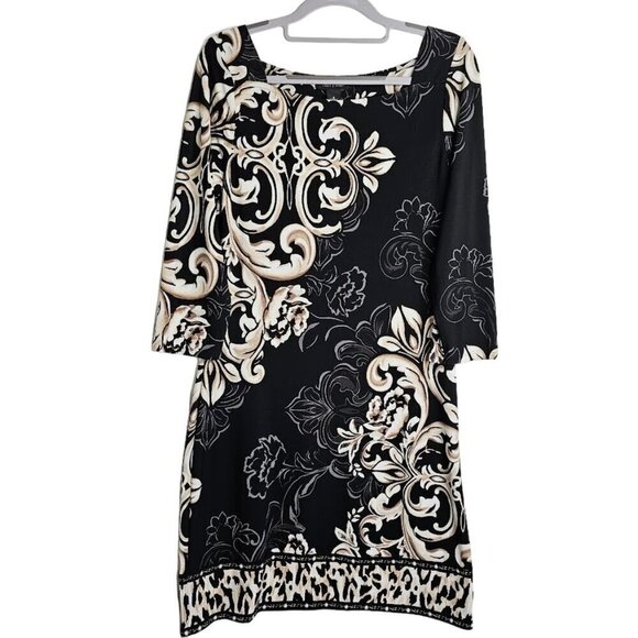 WHITE HOUSE BLACK MARKET Dress BLACK WHITE BROWN size S 3/4 Sleeve Square Neck - Picture 1 of 5